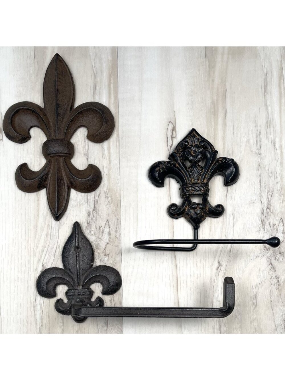 Lot 3 Cast Iron Fleur-de-Lis Toilet Paper Holders (2) & Wall Decor Wall Mount